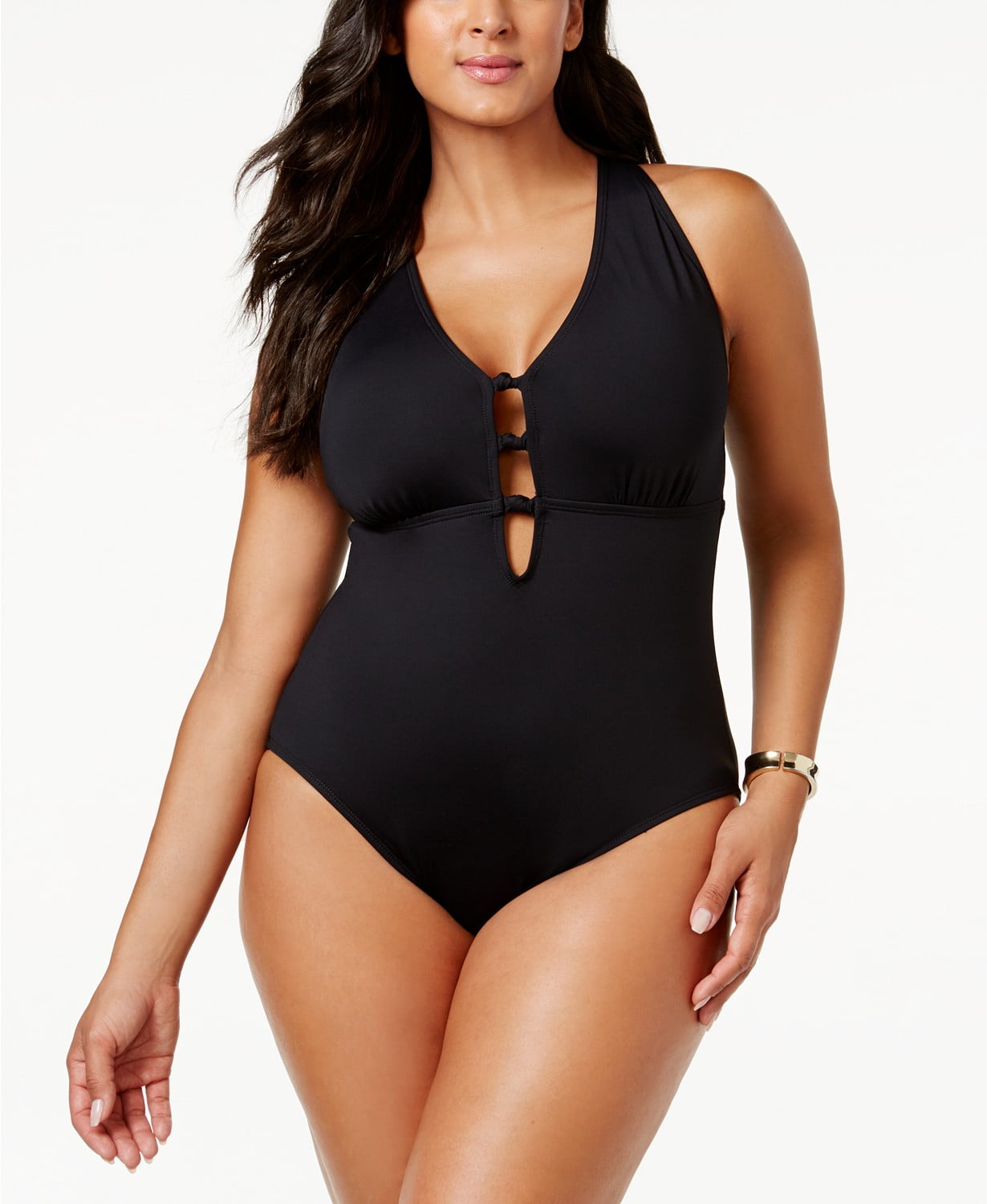 Lauren Ralph Lauren BLACK Plus Size Plunging Shaping One-Piece Swimsuit, US  16W 