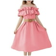 thumbnail image 3 of Favoffer Summer Girls Solid Color Off-Shoulder Dress Ruffle Belted Fit & Flare Sundress Casual Party Travel Photoshoot 6-13Y, 3 of 8