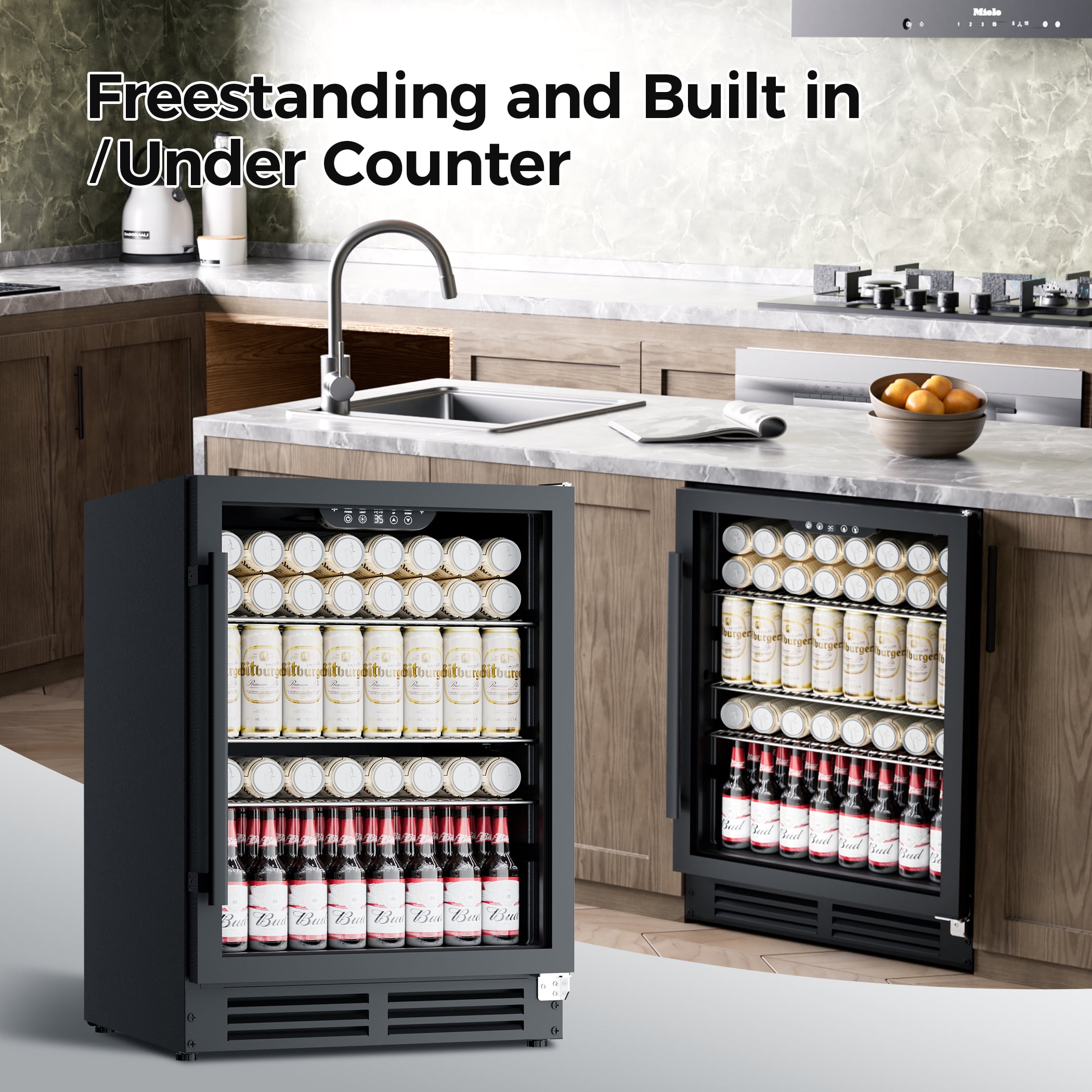 Coolake 24 Inch Wide Under Counter Beverage Refrigerator, 180 Can Capacity Beverage Cooler with Glass Door, Built in or Freestanding, Drink Fridge for Basement, Kitchen, Office