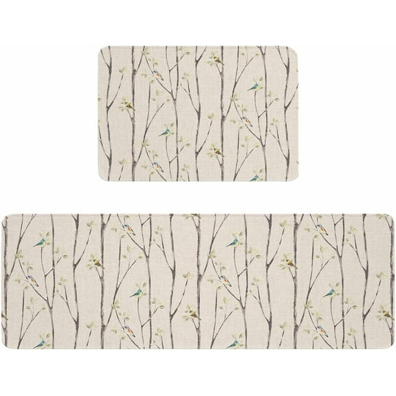 Kitchen Rugs and Mats,Bird on Branch Green Leaves 2 Piece Anti Fatigue Area Runner Rug Set Comfort Standing Floor Mat,Vintage Linen Non Slip Absorbent Doormats for Laundry/Bathroom/Bedroom