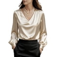 thumbnail image 6 of Satin Silk Blouse for Womens Trendy Ruched Long Sleeve V Neck Tie Dress Shirt Casual Loose Office Work T-Shirt, 6 of 6