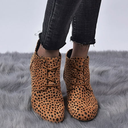 

ZMHEGW Women Boots Round Short Retro Solid Booties Laceup Warm Toe Keep Color Wedges Boots Shoes