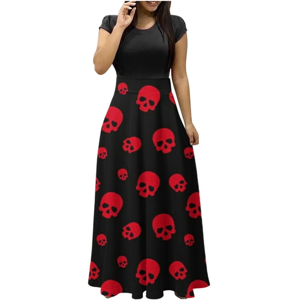 Vestido largo colorido con estampado de Halloween para mujer, vestidos estampados de manga corta, vestido playero informal Maxi Pompotops ghjkhdj13847