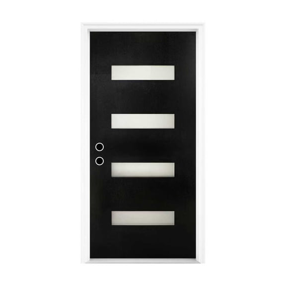 32 x 80 Fiberglass Entry Door with Brickmould, Frosted Glass - Contemporary Style for Home's Front Entrance, Right Hand Inswing, Black Finished Knock-Down Fiberglass Door with 4-9/16 White