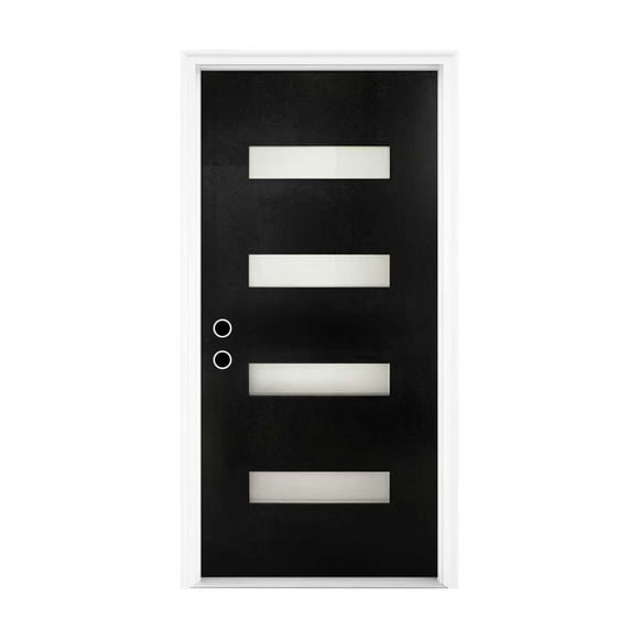 36 X 80 Fiberglass Entry Door With Brickmould, Frosted Glass, Black Finishe Knock-Down Fiberglass Door - Contemporary Style For Home's Front Entrance, Right Hand Inswing With 4-9/16 White Vinyl Frame
