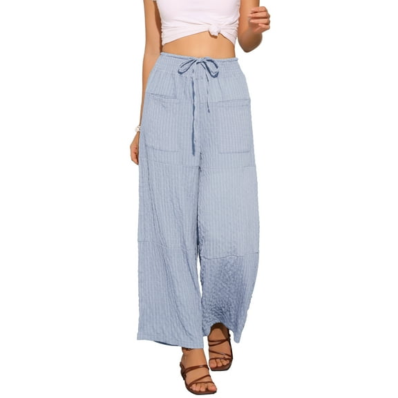 INSPIRE CHIC Women's Casual Wide Leg Pants Adjustable Tie Knot Elastic Waist Pants with Pockets S Blue