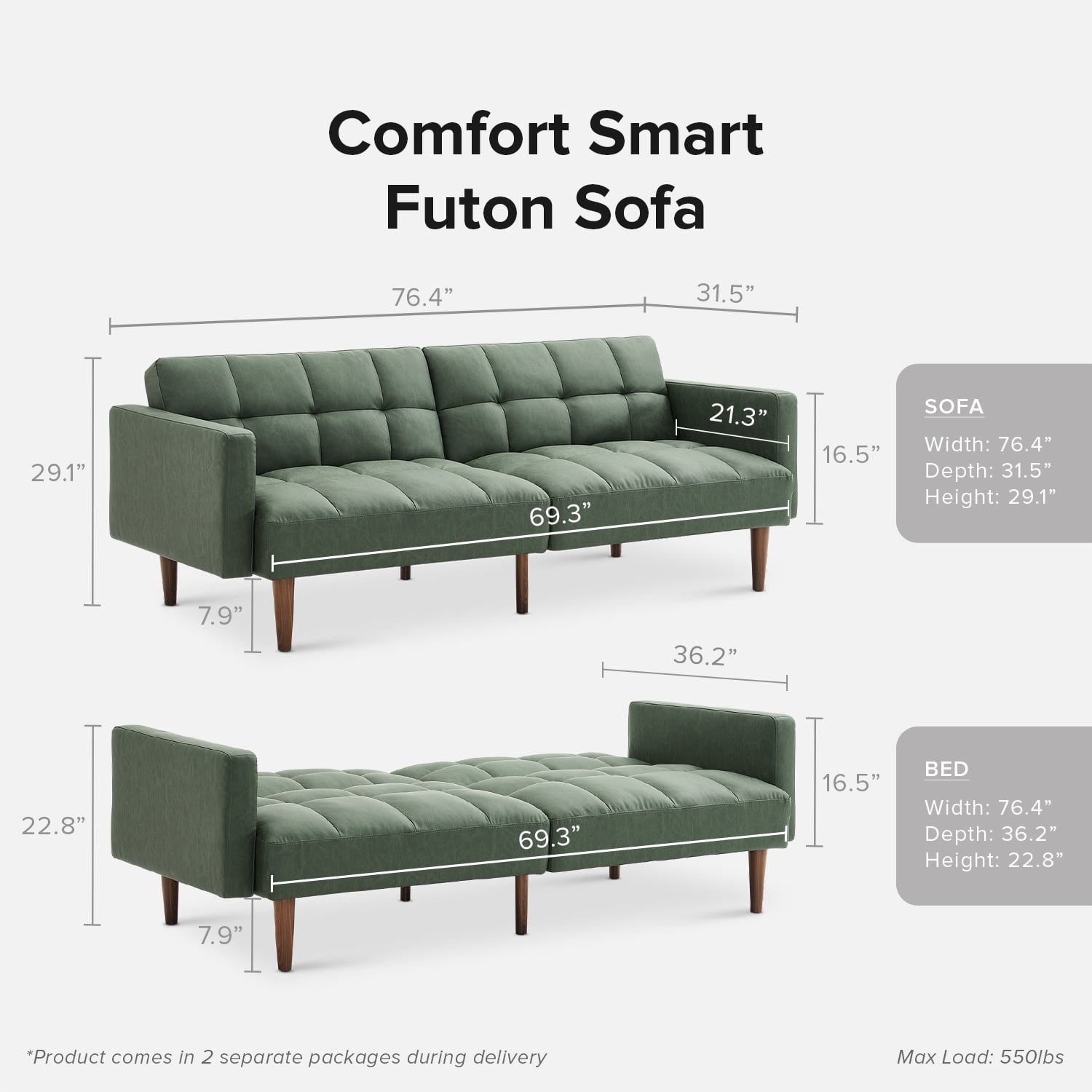 Mopio Aaron Futon Convertible Sofa Sleeper Futon with Arms Split Back Design 77.5" Sage Green Faux Leather