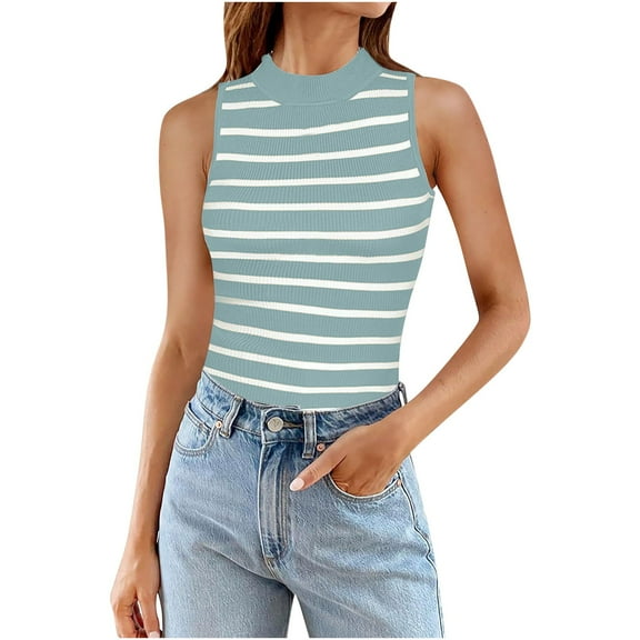 Ruimatai Women's Tank Tops Sleeveless Striped Summer Shirts High Neck Casual Tops Breathable Comfortable Stretchy Fit for Women