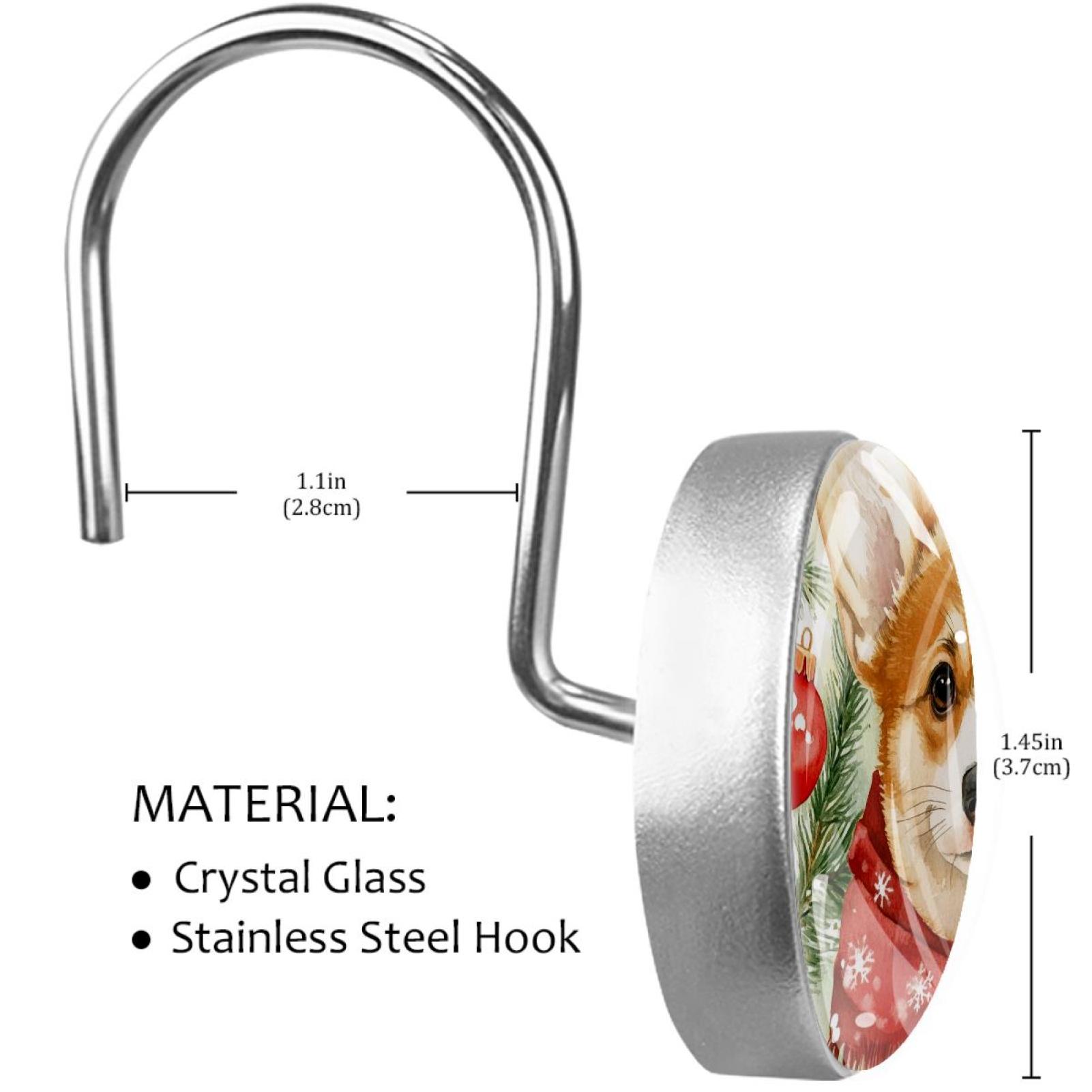 Red Snowflakes Scarf Corgi Shower Curtain Hooks Round Crystal Glass, Set of 12 Shower Curtain Rings - Shower Hooks for Curtain Shower Rings