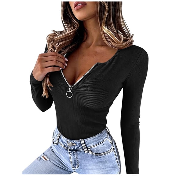 VEKDONE Womens Sexy Tops Long Sleeve Zipper V Neck Shirts Ribbed Knit Low Cut Tops Fall Stretch Slim Fit Shirts Solid Color Fashion Blouses Black L