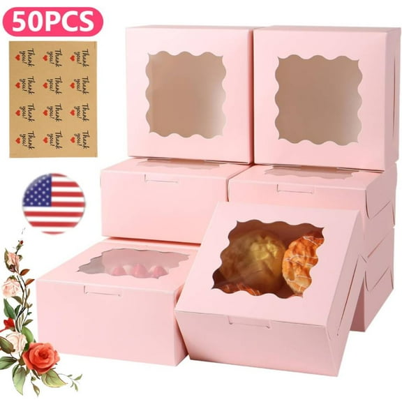 50pcs Cookie Boxes, 4x4x2.5in Pink Bakery Boxes with Window, Mini Cake Boxes