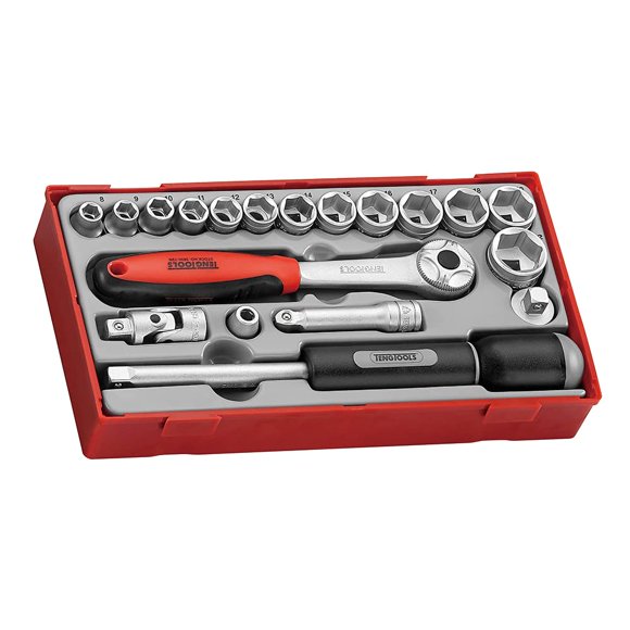 Teng Tools Ensemble de 19 Douilles Régulières/peu Profondes 3/8 Pouce 6 Points - TT3819, Argent