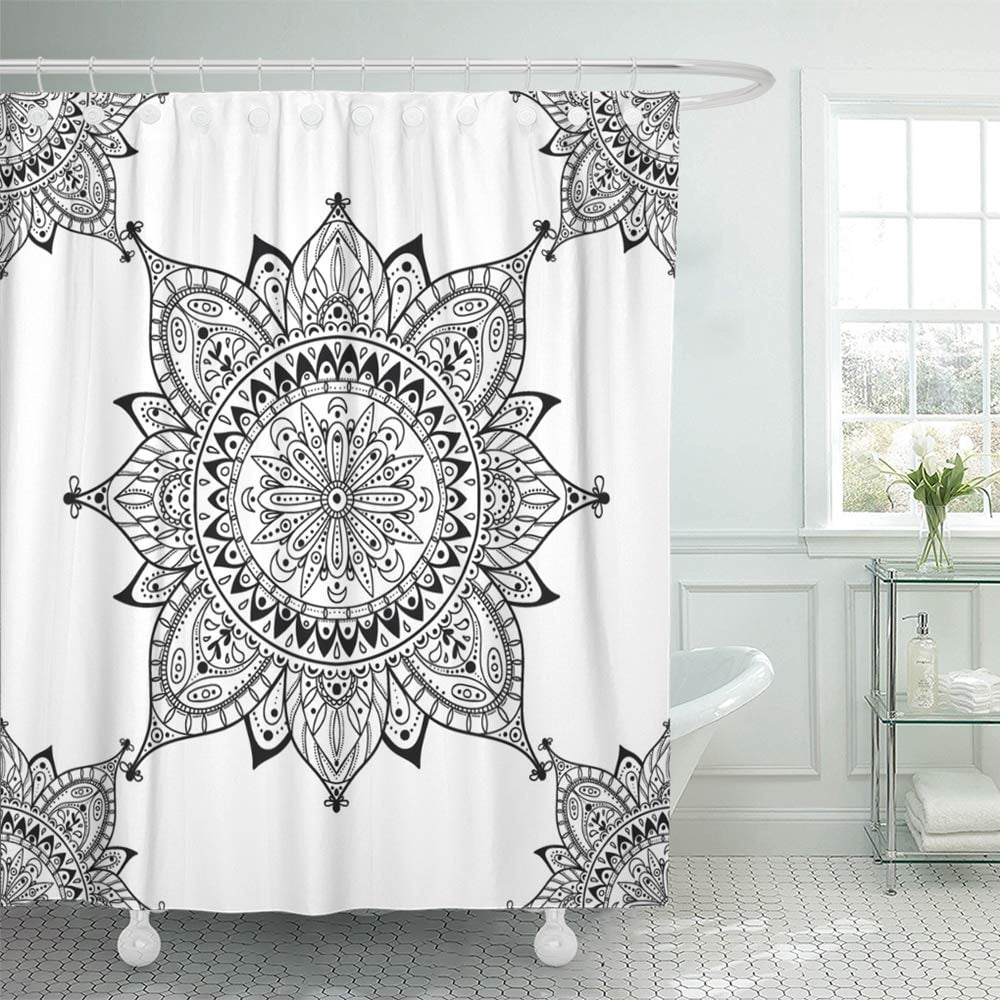 CYNLON Mandala Beautiful Floral Black and White Abstraction Bohemian Boho Curve Bathroom Decor