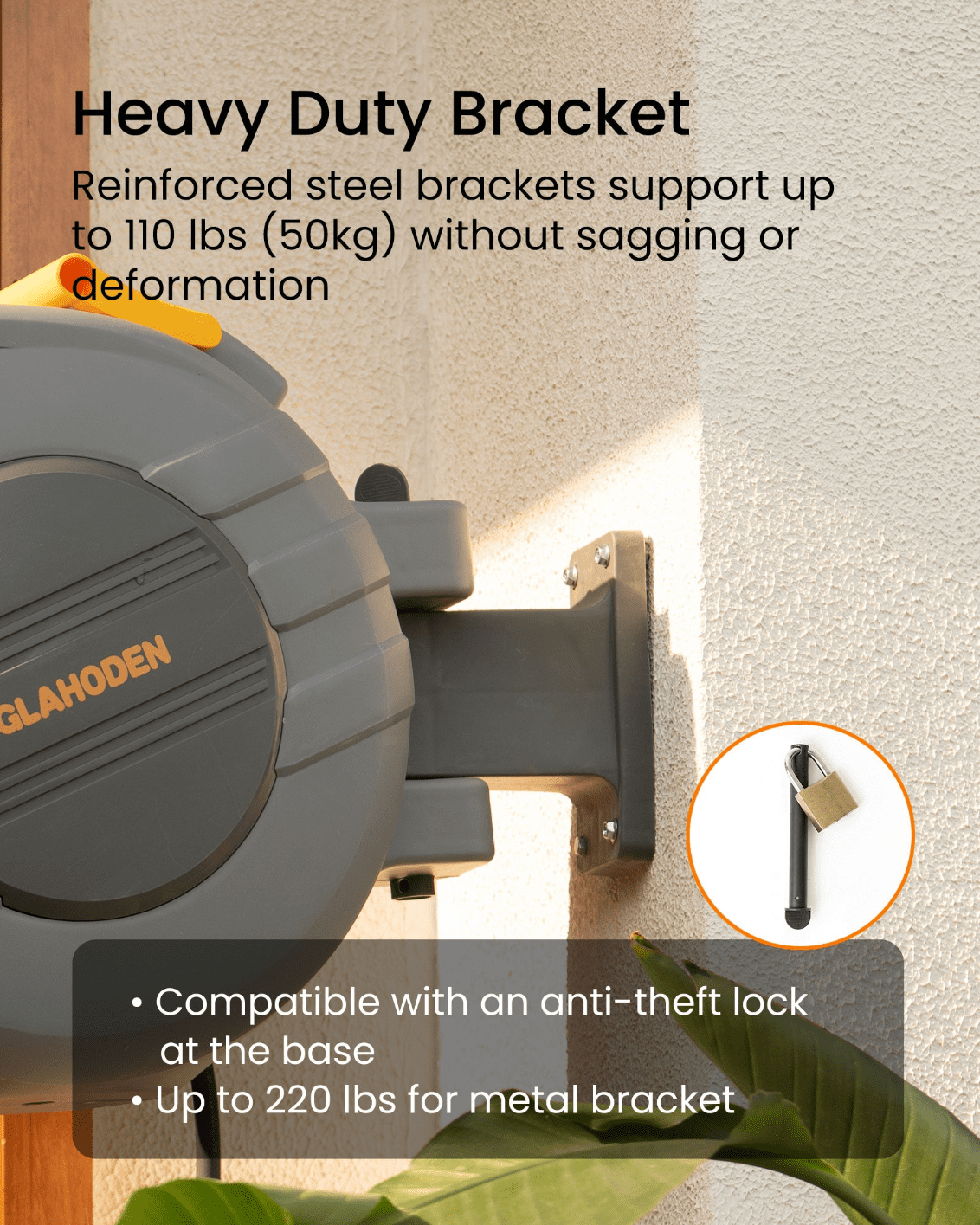 Glahoden Retractable Wall Mounted Garden Hose Reel, 5/8 in 65 ft UV & Freeze Protection Slow Retraction Anti-Tangle Hose 180°Swivel