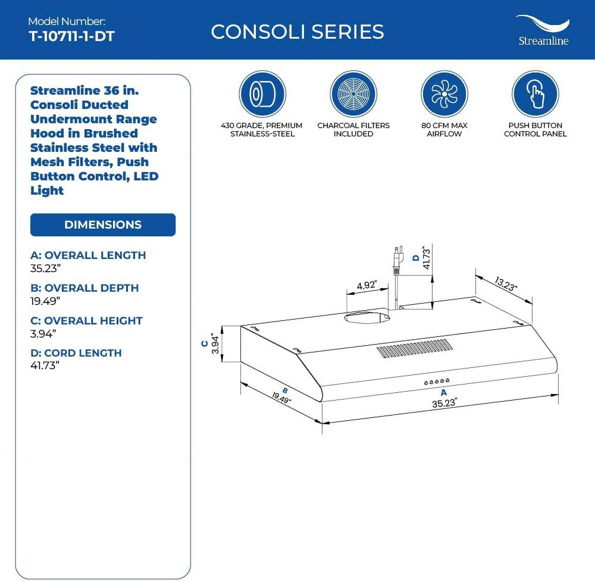 Streamline 36 in. Consoli Ducted Undermount Range Hood in Brushed Stainless Steel with Mesh Filters, Push Button Control, LED Light