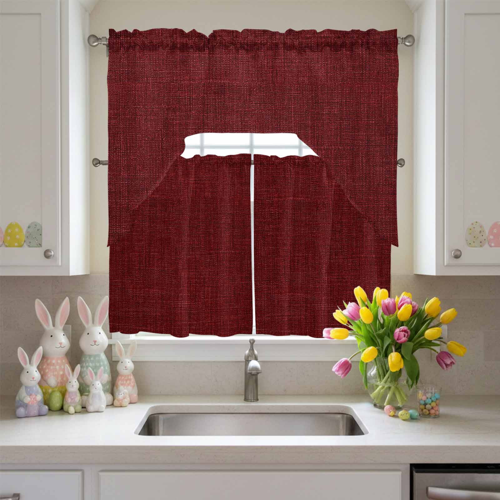 Wine Red Linen Swag Curtains Valance & Tier Set, Farmhouse Pure Color Country Farm 3 Pcs Set Kitchen Swag Valances and Tiers 24 Inch Length Rod Pocket Curtain Drapes for Bedroom