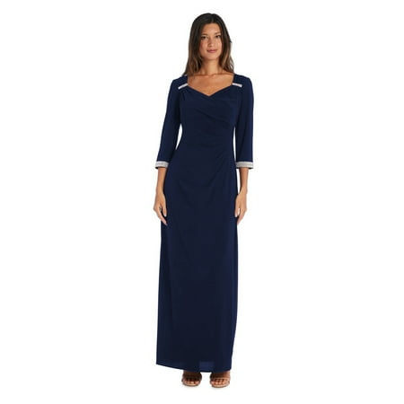 R & M Richards Column Gown with 3/4 Sleeves, Navy, 14
