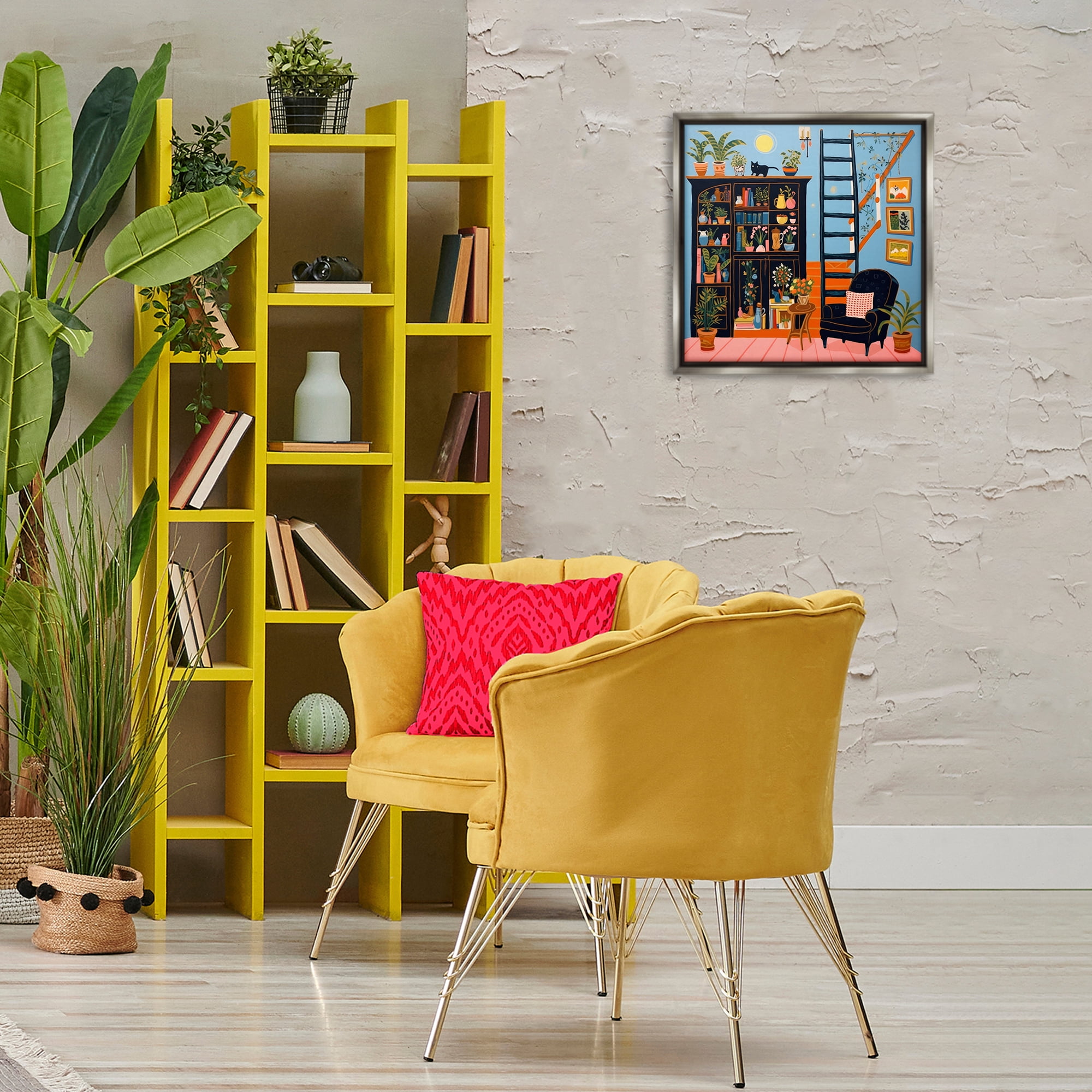 Stupell Industries Eclectic Fun Bookshelf Furniture Painting Gray Floater Framed Canvas Art Print Wall Art, 18 x 18