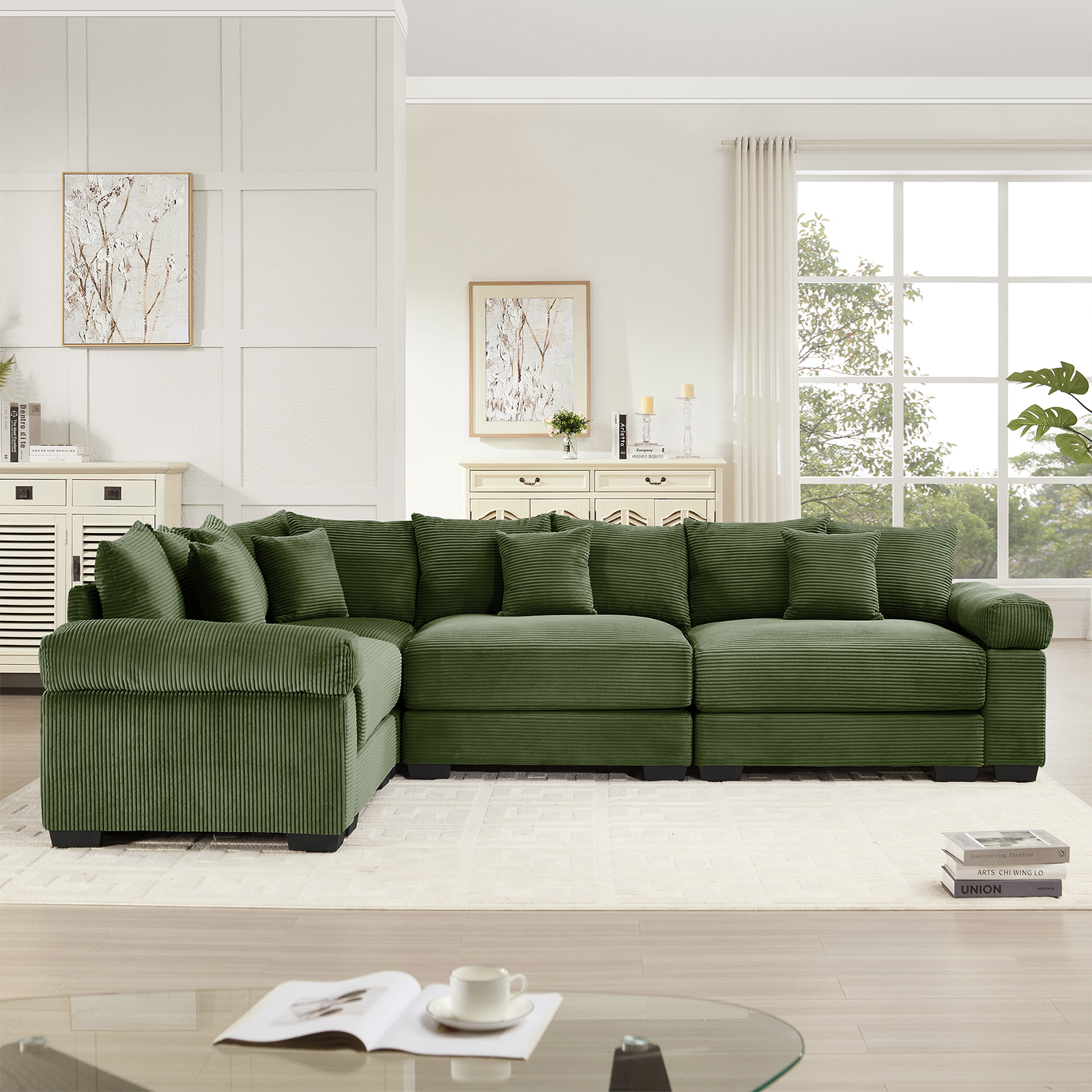 117" Modern Corduroy Sectional Couches for Living Room, Comfortable Corner Couch Sofa, Green 3 Seater Corner Couch for Flexible Layout, Muebles para la Sala, Oversized Sofa Set