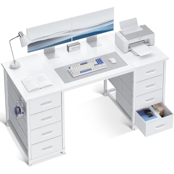 48 Inch White Computer Desk with 8 Fabric Drawers, Modern Office Desk with Large Storage for Home Office, Study, Gaming, White