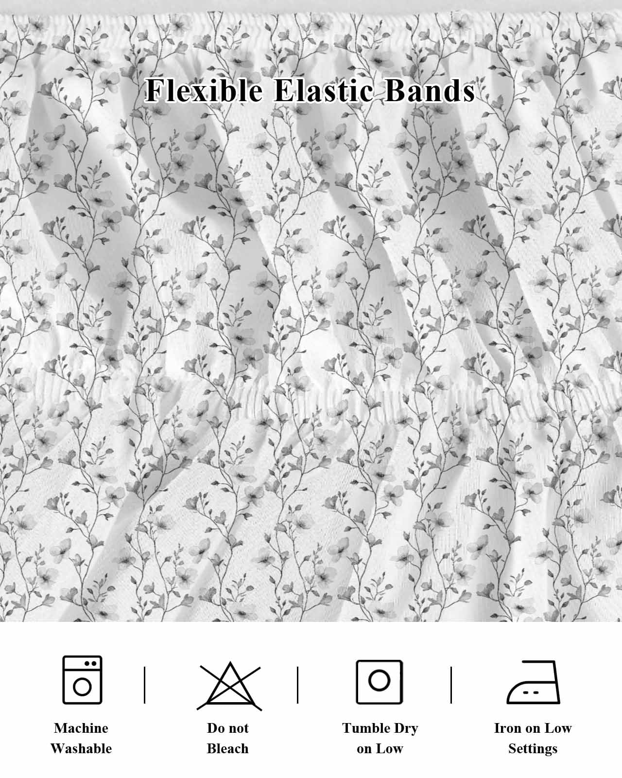 Grey Spring Floral Wrap Around Bed Skirts for California King Bed 16" Drop,Bed Skirt with Adjustable Elastic Belt Dust Ruffle Bed Valance Elegant Watercolor Summer Botanical Bed Frame Cover