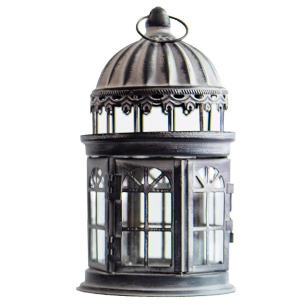 Clear Glass Metal Candle Lantern with Hanging for Outdoor/ Indoor Decor Gray 