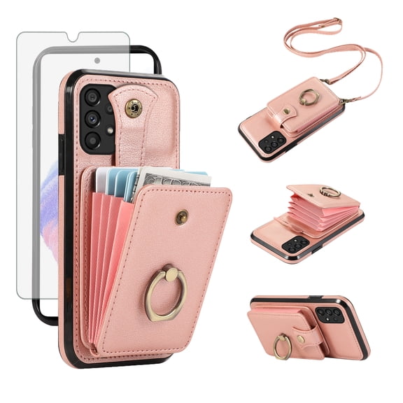 Asuwish Compatible with Samsung Galaxy A33 5G Wallet Phone Case Screen Protector Ring Crossbody Strap Stand Credit Card Holder RFID Cell Cover for A 33 33A Women Girls Rose Gold