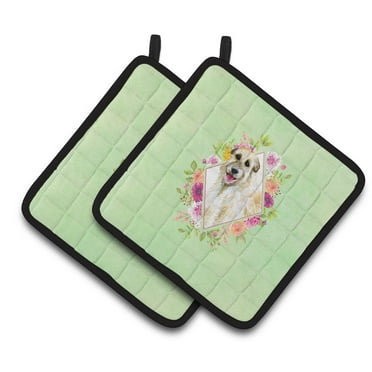 Irish Wolfhound Green Flowers Pair of Pot Holders