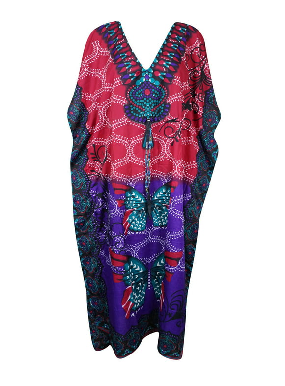 Womens Caftan Maxi Dress, Purple Red Butterfly Print Dresses, Cruise Flowy Beach Kaftan 2XL
