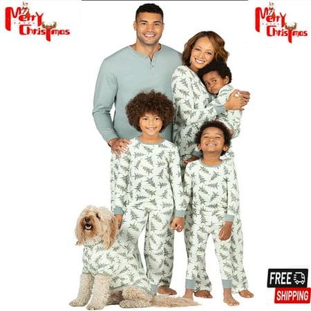 

ESASSALY Family Matching Christmas Pajamas Christmas Tree Print/Solid Long-Sleeved Tops + Trousers/One-Piece Jumpsuit/Dog Clothes