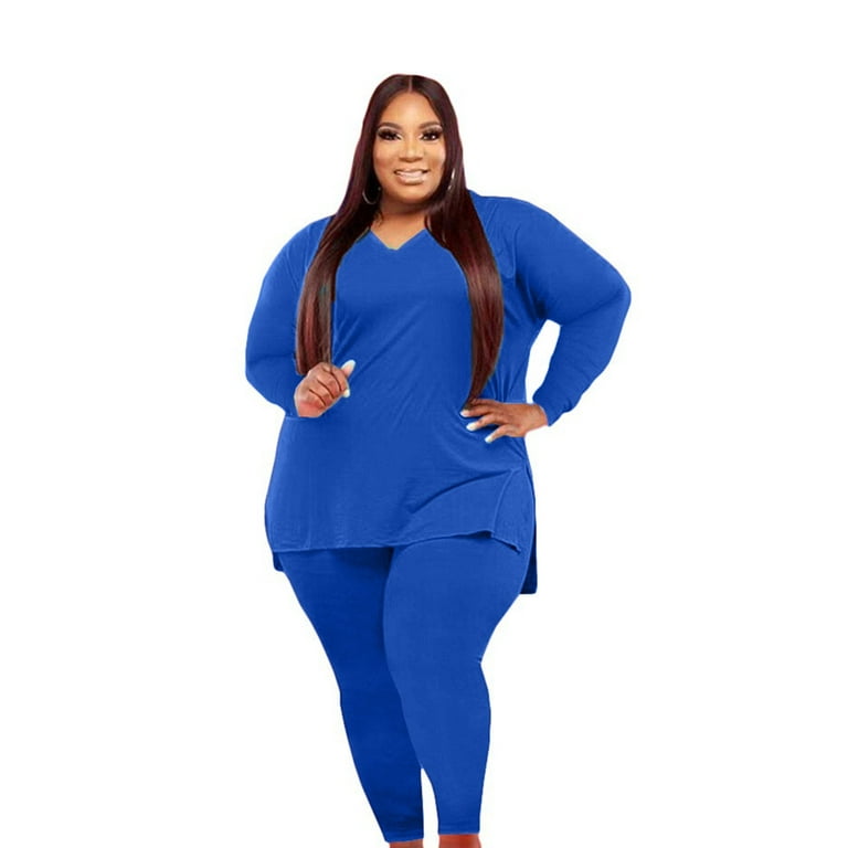 Women's Fashion Casual Outfits Clothes Set Plus Size 2-Piece V-neck  Long-Sleeve Trousers Soft Solid Color Women Trendy Stylish Clothing Suits  Female Leisure Elegant Loungewear 
