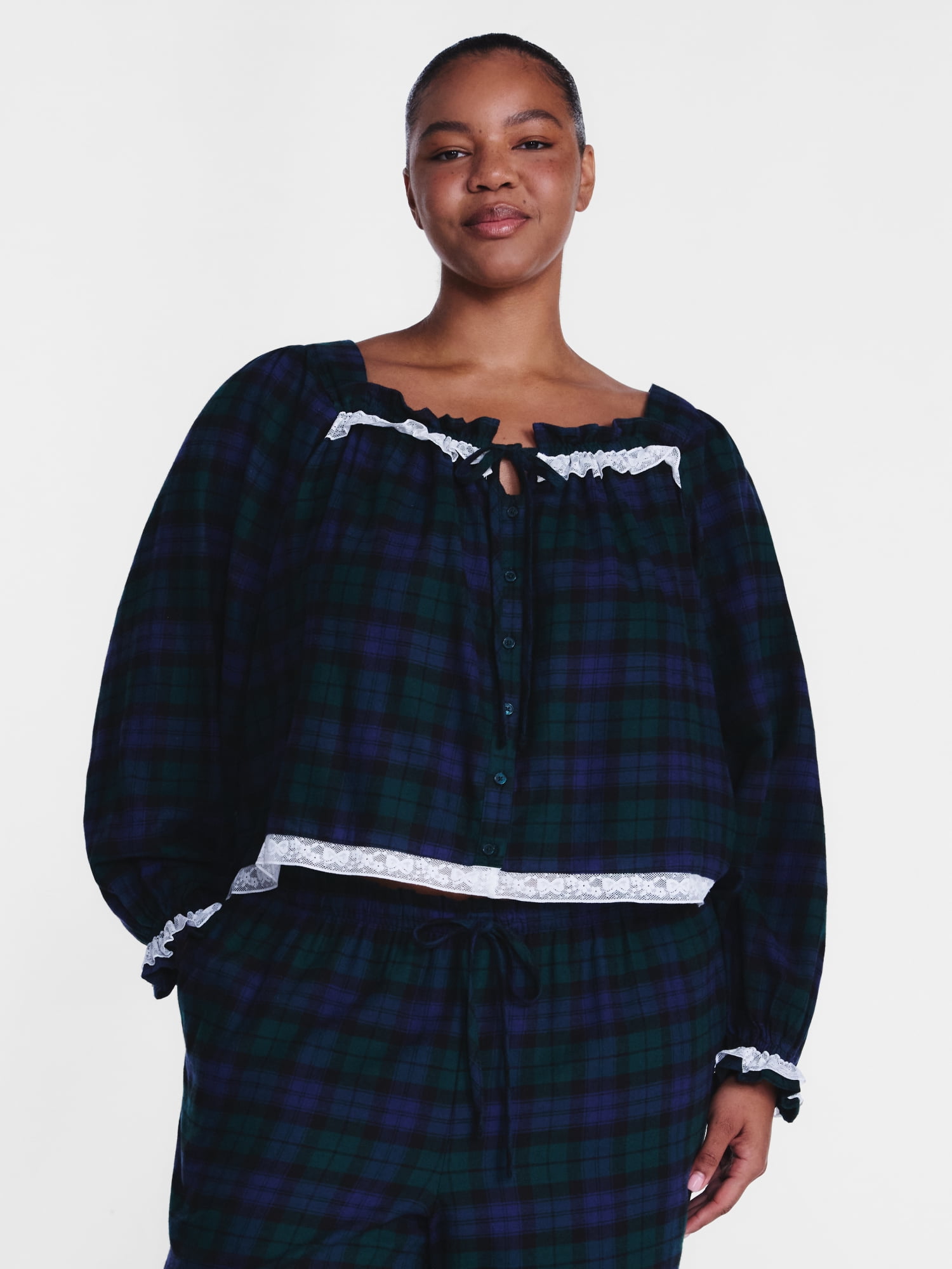 Joyspun Women's Flannel Peasant Long Sleeve Sleep Top, Sizes XS to 2X