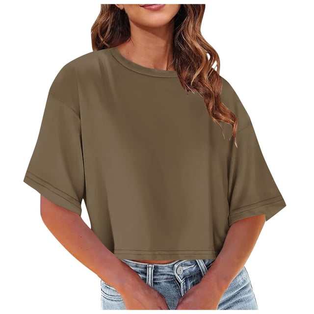 Plebaso T-Shirts Courts pour Femmes Manches Courtes Col Rond T-Shirts Couleur Unie Décontractés Tops Basiques Amples