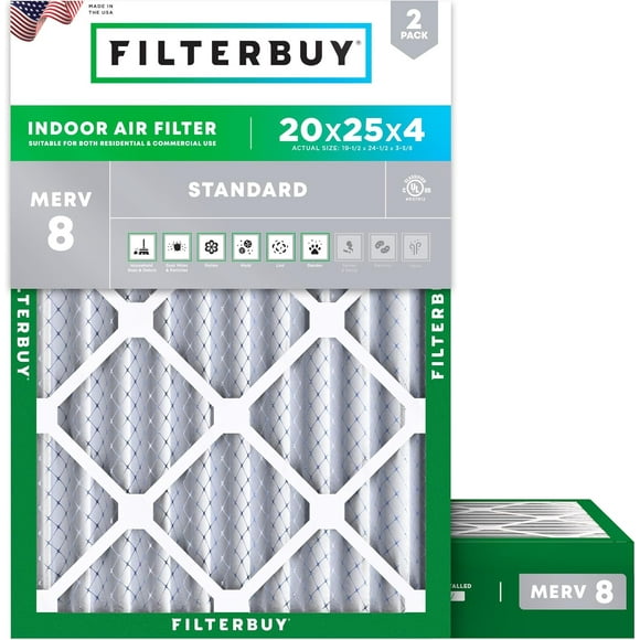 Filterbuy 20x25x4 MERV 8 (MPR 600) Dust Defense, Pleated HVAC AC Furnace Air Filters (2-Pack)