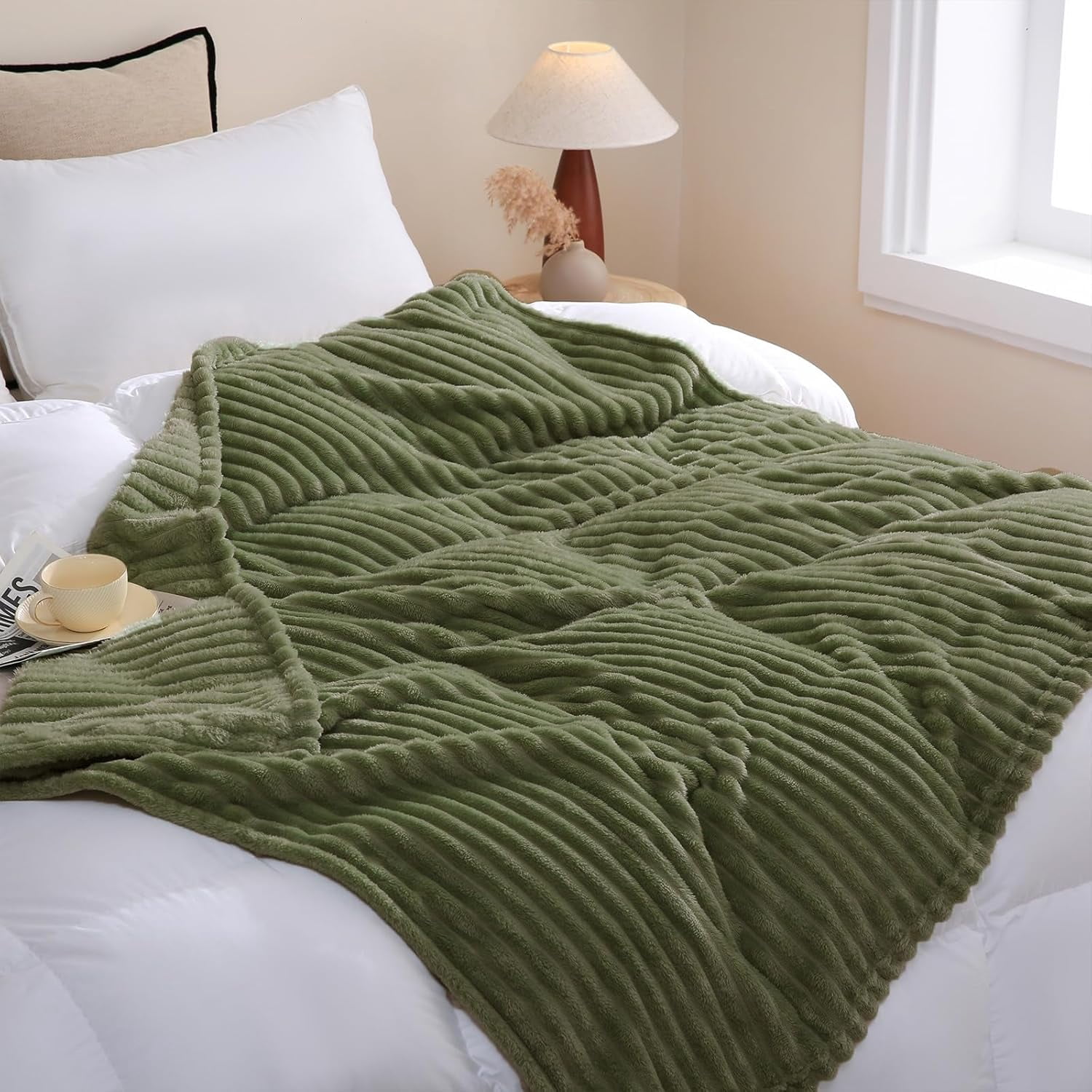Sage Green Fleece Throw Blanket 50”×60” for Couch Sofa Bed,Super Soft Cozy Plush Microfiber Flannel Blanket with Stripes Design Lightweight for Adults,Woman,Girls