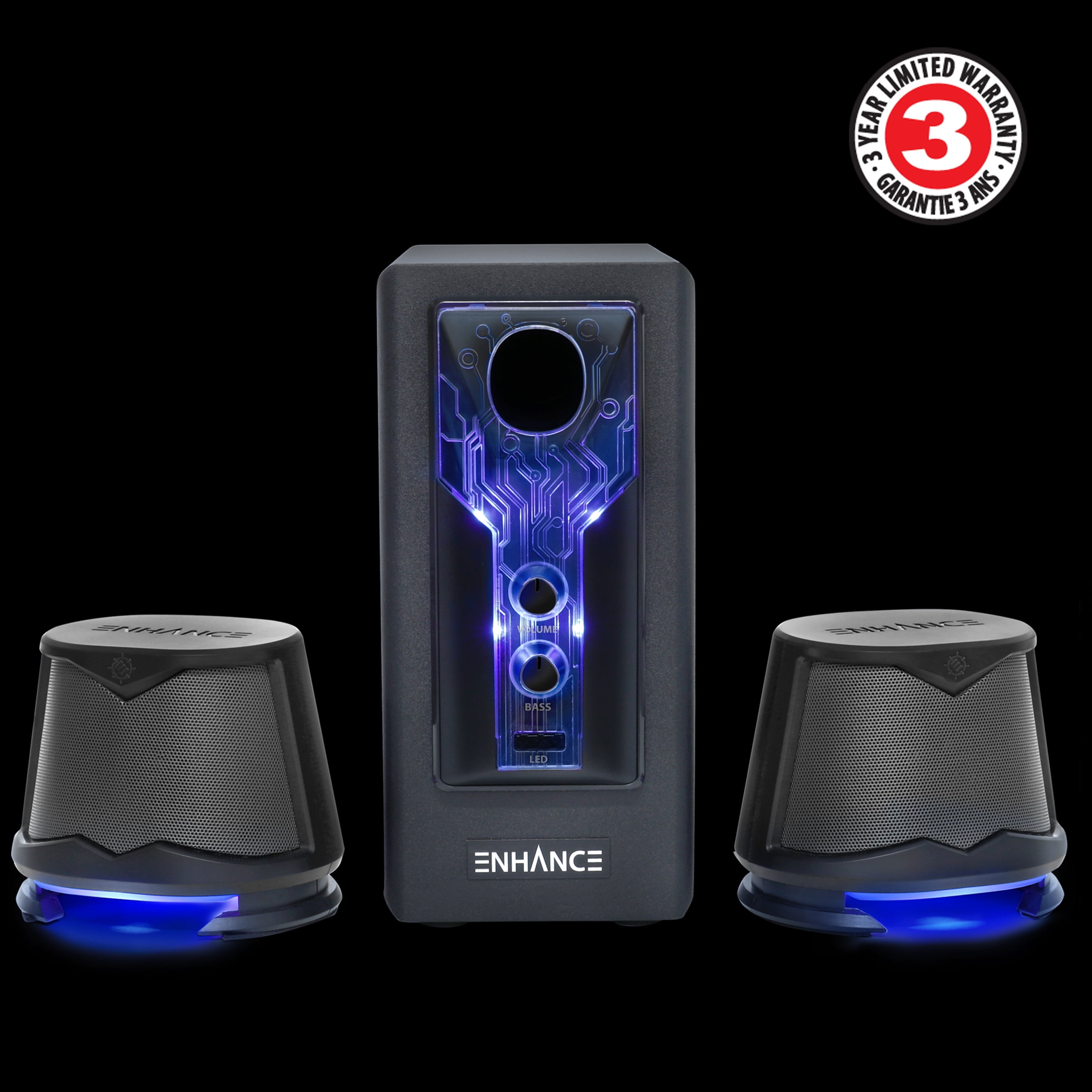 ENHANCE 2.1 High Excursion Computer Speakers with Subwoofer - Blue LED Gaming Speakers