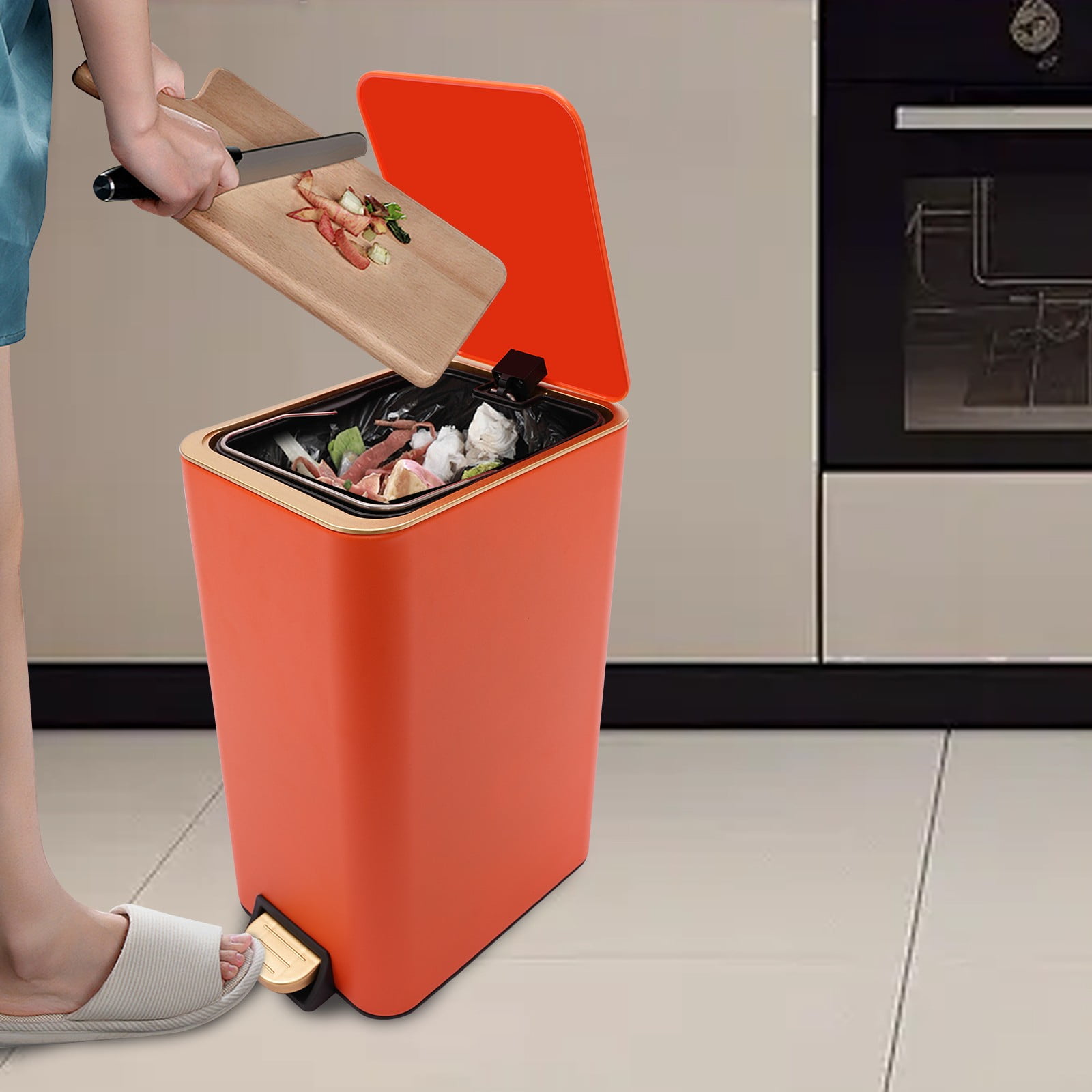 9.45*7.09*14.57 Large Capacity Free Standing Orange Bathroom Trash Can with Lid for Kitchen, Bedroom