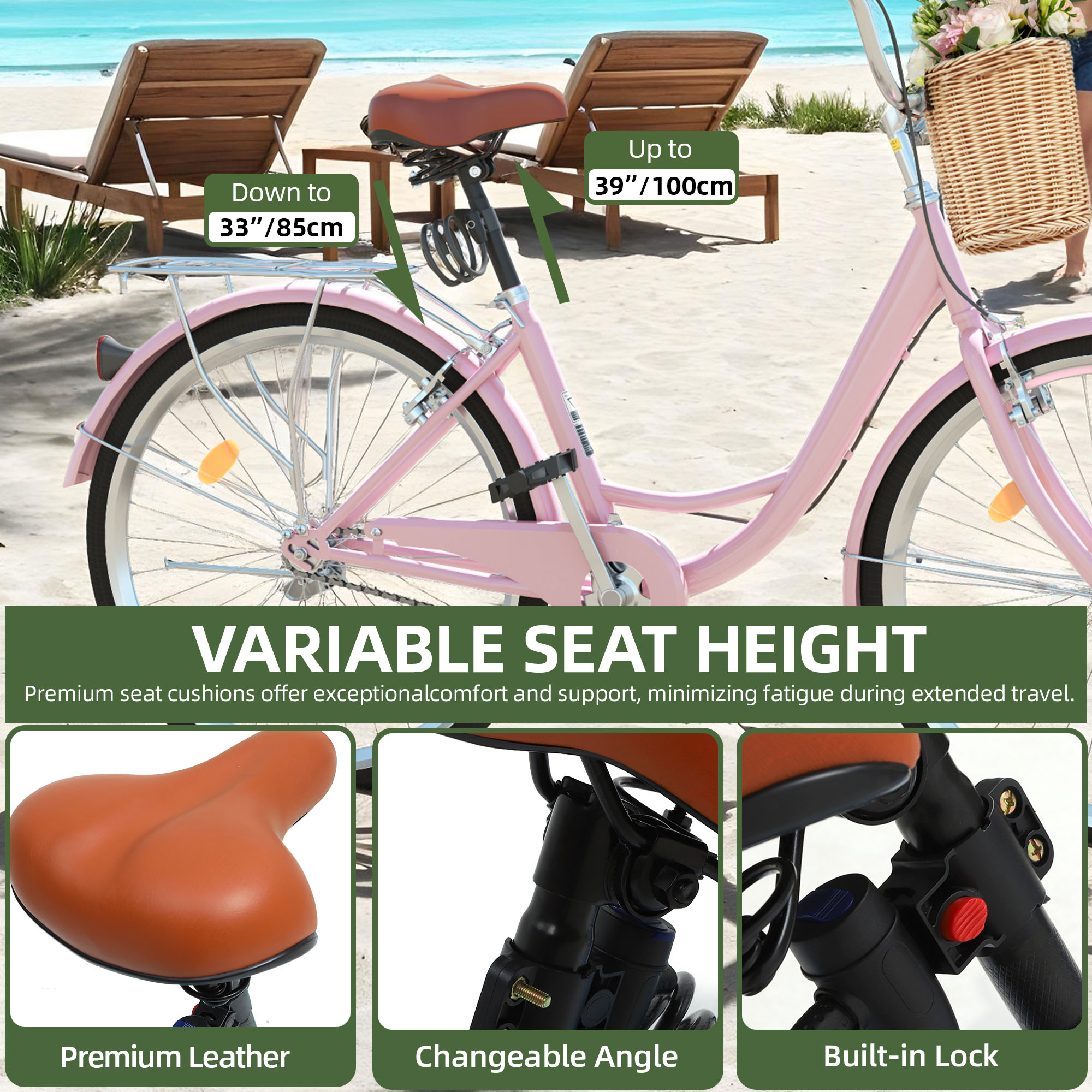 Uforic 26" Beach Cruiser Bike for Women, Adjustable Seat Single-Speed Commuter Bike Bicycle for Adults, Pink