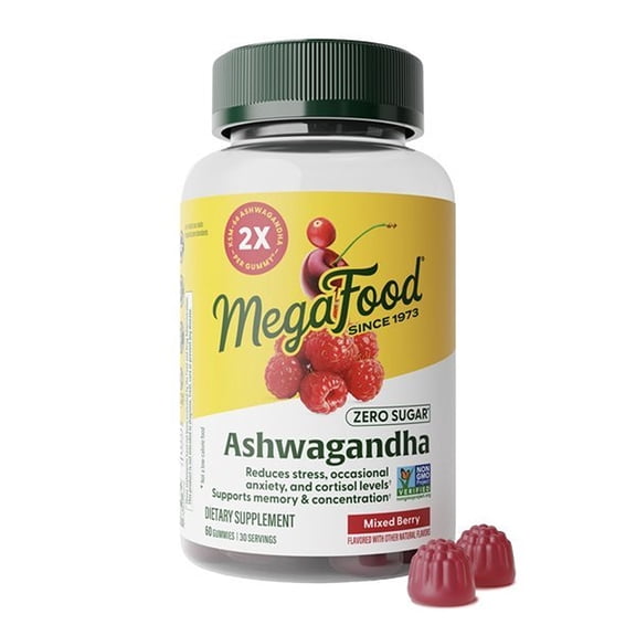 MegaFood Ashwagandha Gummies, Zero Sugar & Mixed Berry Flavor, KSM 66 Ashwagandha - 60ct