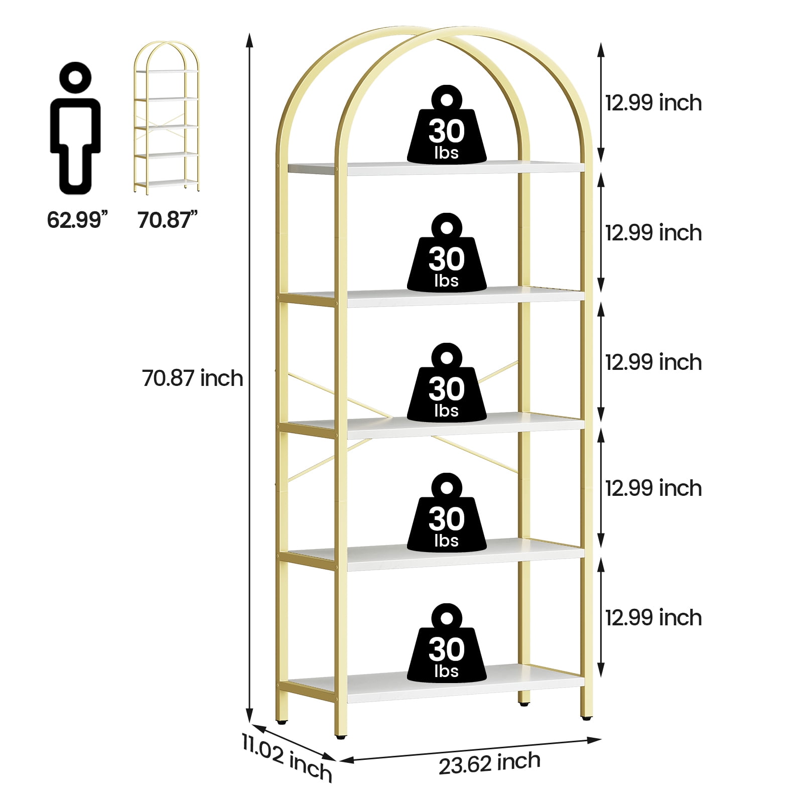 Yesfashion Bookshelf 5 Tier Bookcase Arched Display Racks Tall Standing Bookshelves Mental Frame Modern Storage Rack Shelf Large Wood Book Shelf for Bedroom, Living Room, Home Office, White/Gold