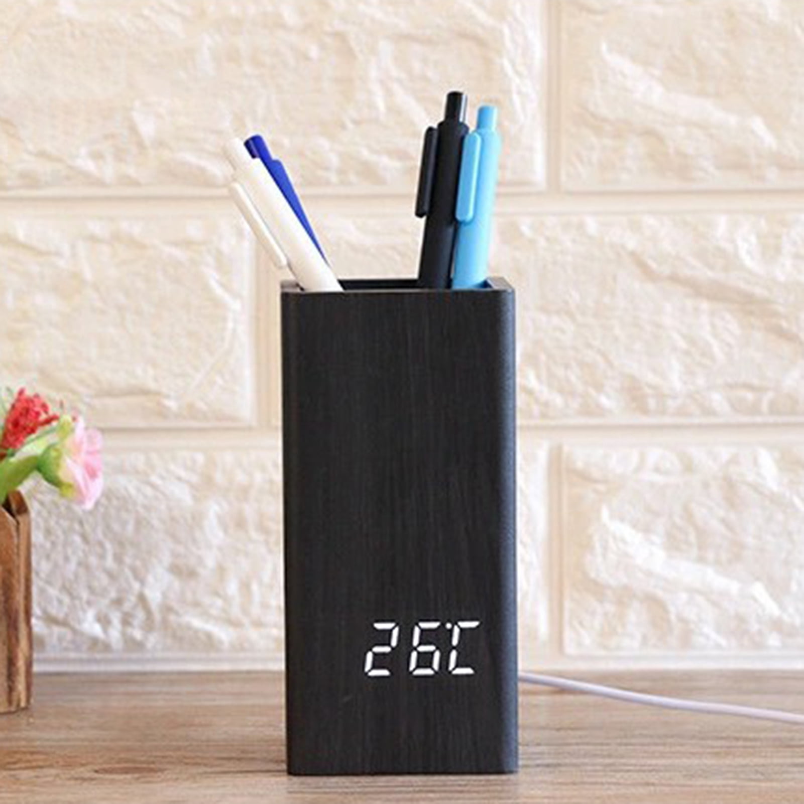 Happy date Pen Holder Wooden, with a Digital Clock and alarm, and a Wonderful LED Screen,Distinctive and Quiet Shape, Suitable and Nice