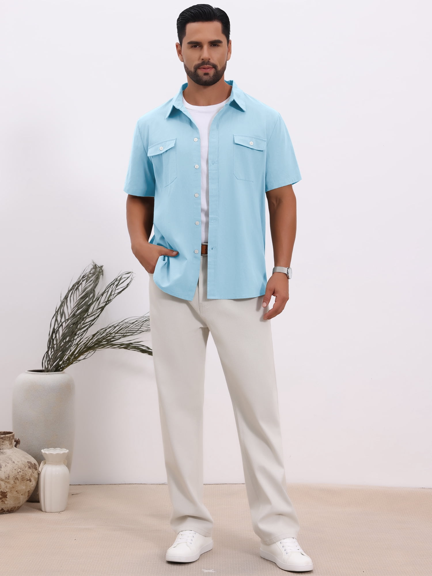 DARING DIVA Men's Linen Chest Pockets Short Sleeves Button Down  Shirt L Sky Blue