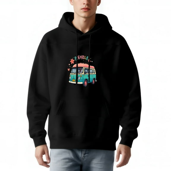 Men's Loose Fit Hoodie with Colorful Vintage Van Graphic ' WISHBLE ' Design Front Pocket Long Sleeve Pullover Sweatshirt