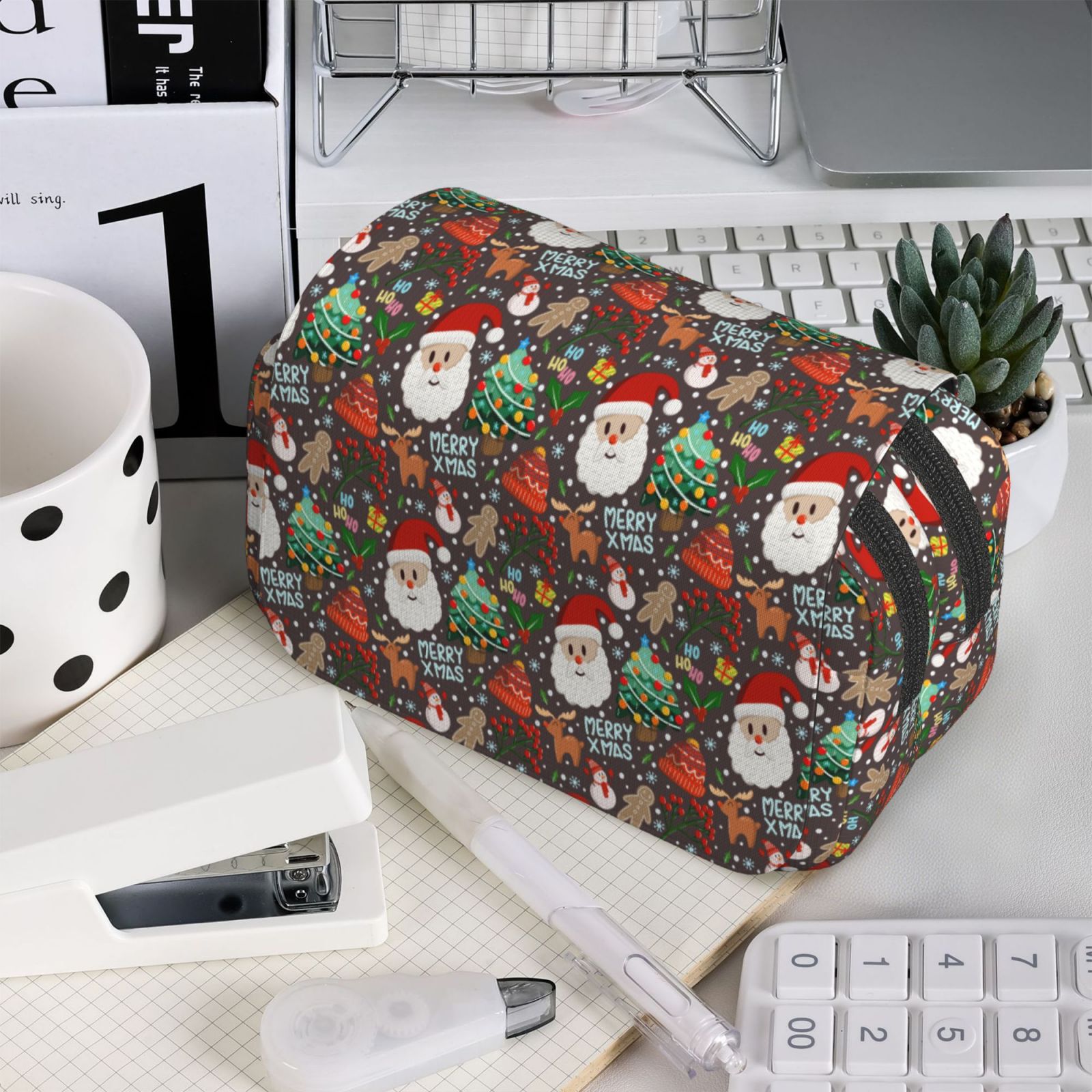 Rateoe Merry Christmas Pattern Double Clamshell Pen Case, Storage Organizer with Two Zipper Compartments– Holds Up to 50 Pencils & Pens