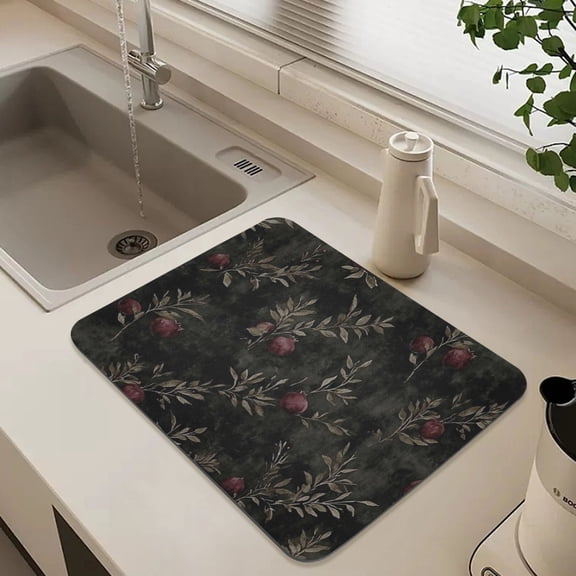 Dark Floral Pomegranate Dish Drying Mat for Kitchen Counter Absorbent Drainer Mats (15.7X11.8Inch)