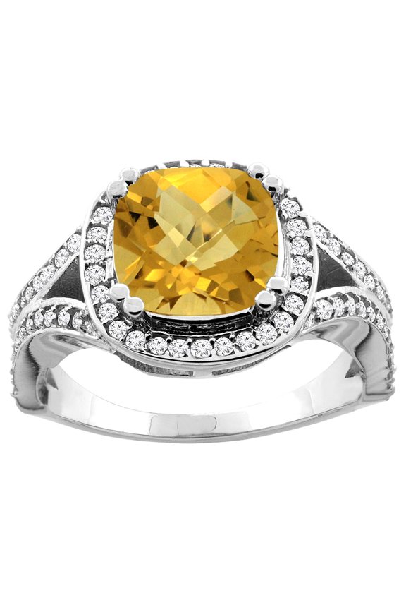 10K White Gold Natural Whisky Quartz Split Ring Cushion 8x8mm Diamond Accent, size 6
