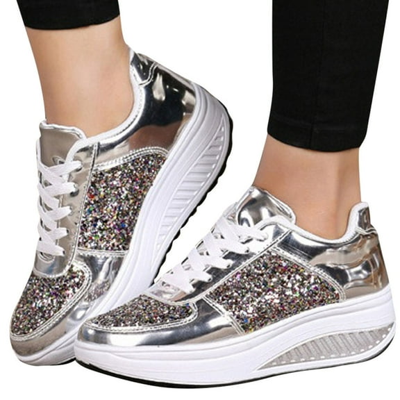 2025 Clearance Items under $5 asdoklhq Sneakers for Women Women's Ladies Wedges Sneakers Sequins Shake Shoes Fashion Girls Sport Shoes Silver