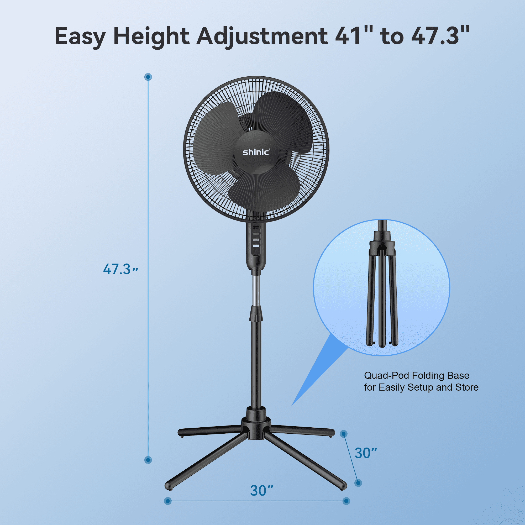 Shinic 16" 3-Speed Oscillating Pedestal Fan with Folding Base, Adjustable Height and Tilt,41"- 47", Black