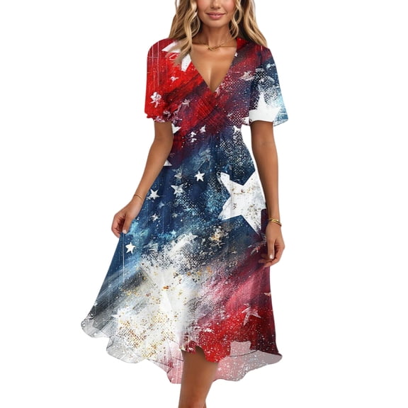 Casual Summer Dresses for Women 4th of July American Flag Short Sleeve Wrap V Neck Tie Waist A-Line Flowy Midi Sundress