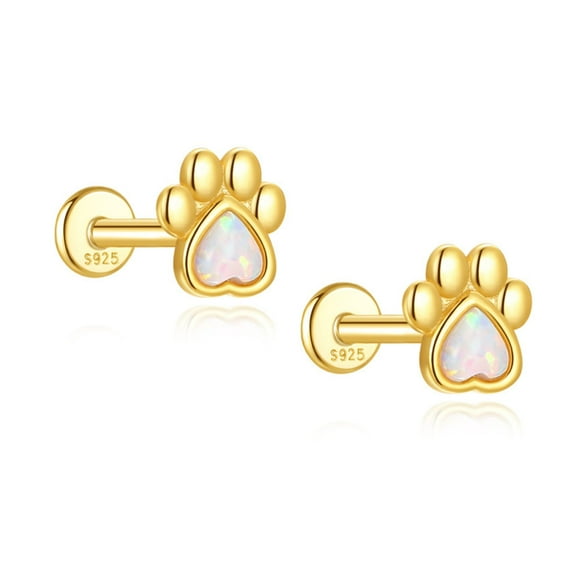 Dog Paw Heart Flat Back Opal Earrings for Cartilage Upper Lobe16g Sterling Silver Studs Pair by Ginger Lyne